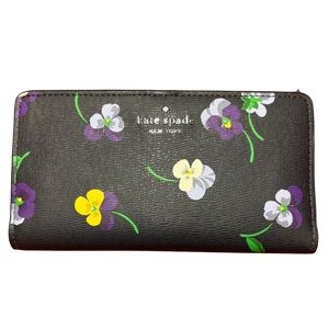 Kate Spade | Purple Yellow Floral Flower Darcy Wallet Black Snap Closure Bifold